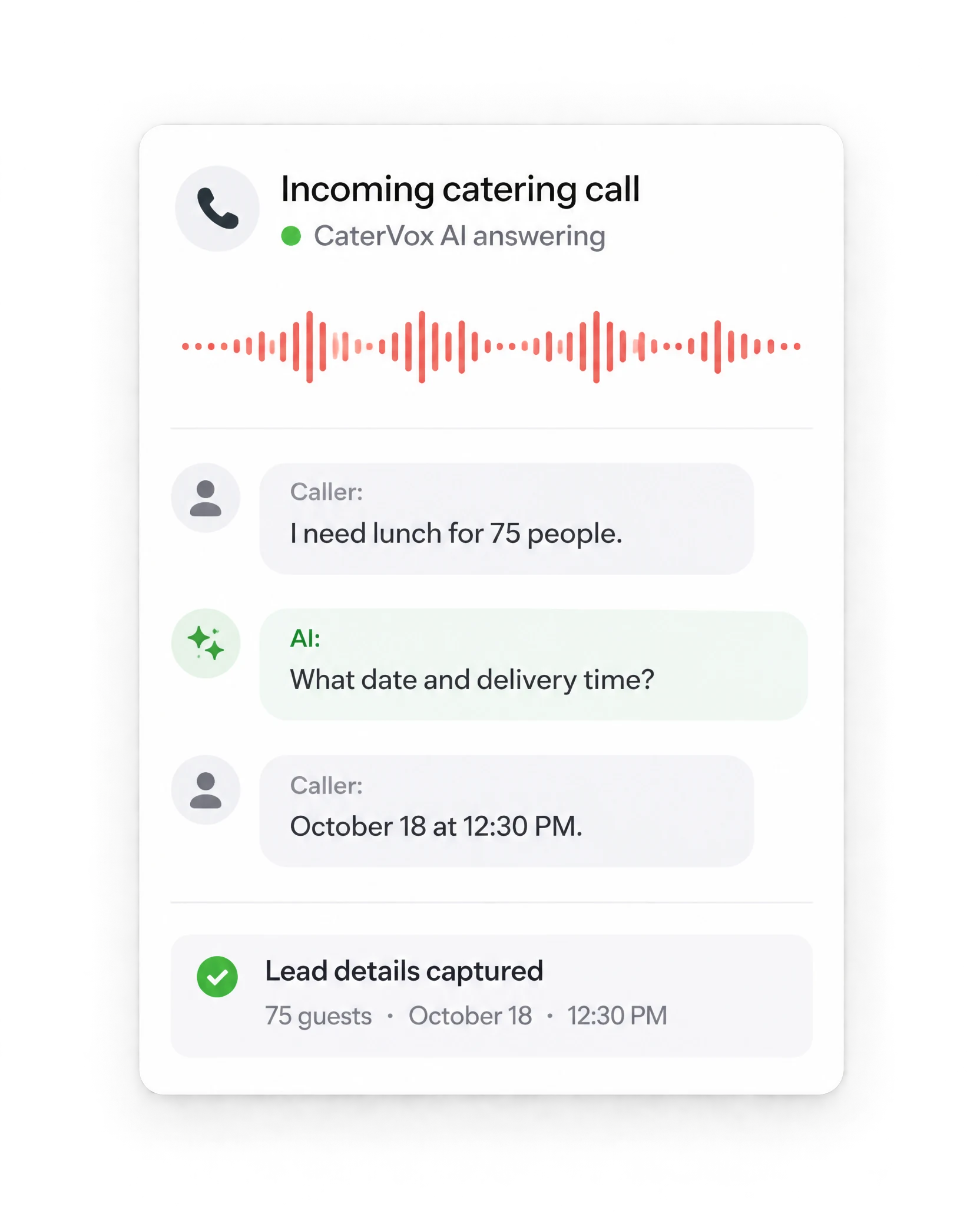 Let AI Answer Every Lead — illustrative CaterVox interface