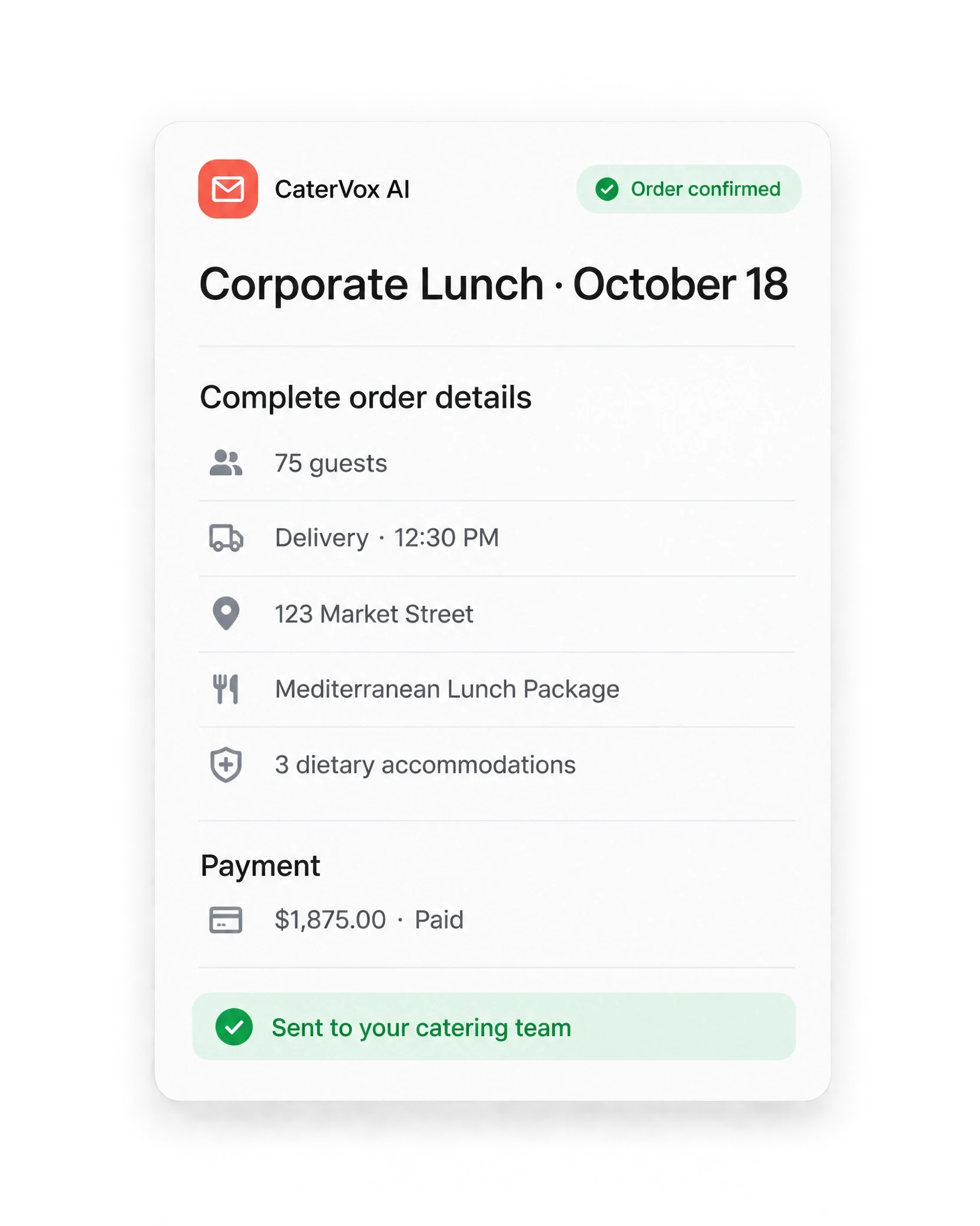 Receive the Order and Stay in Sync — illustrative CaterVox interface