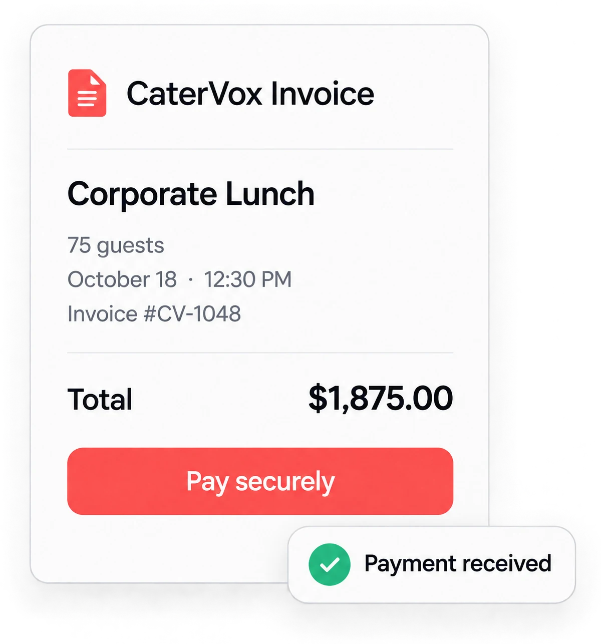 Invoice and Collect Payment — illustrative CaterVox interface