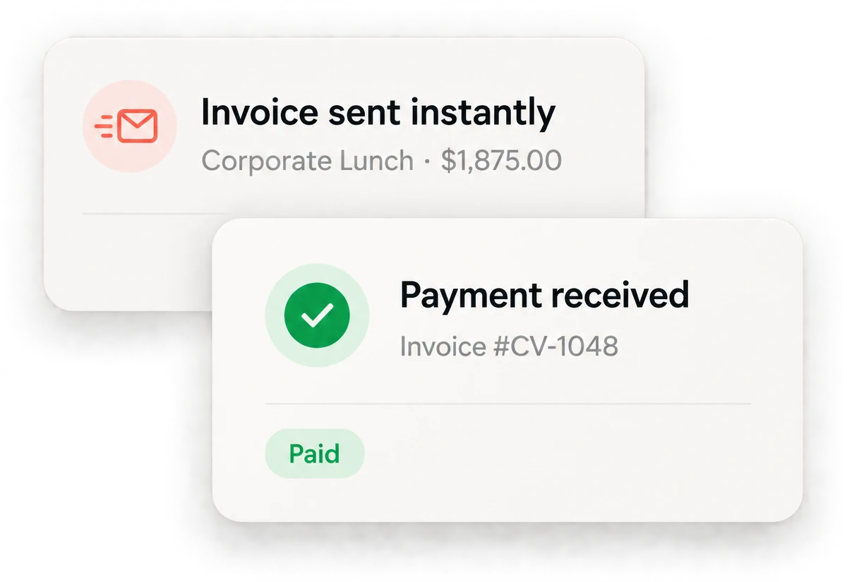 Invoice and Collect Payment — illustrative CaterVox interface